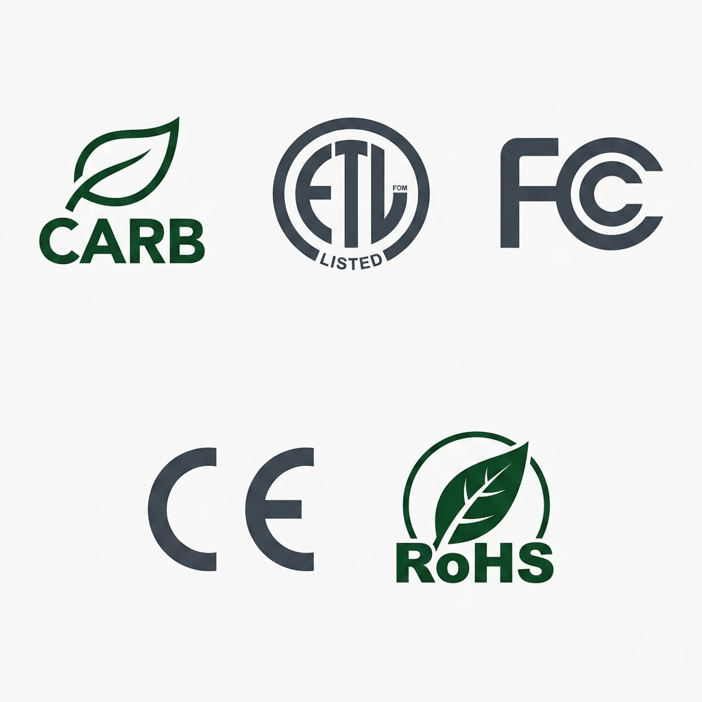 CARB, ETL, FCC, CE and RoHS certification marks